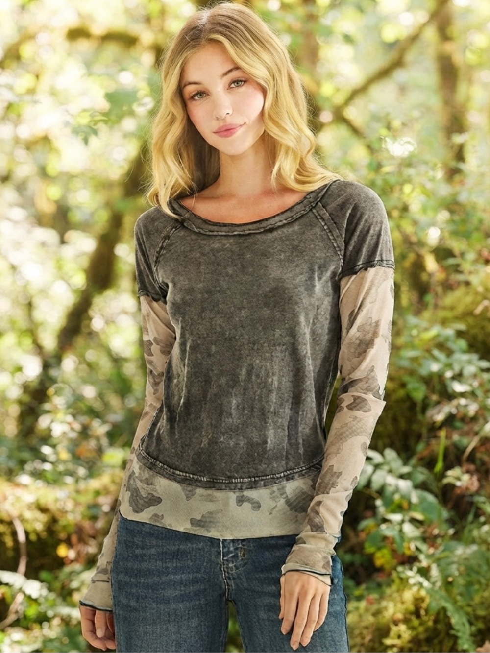 💕Coming Soon! Oli & Hali Washed Black & Cream Camo-Accent Long Sleeve Top